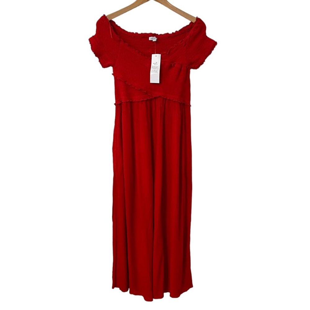 Patrons of Peace Red Off-Shoulder Maxi Jumpsuit